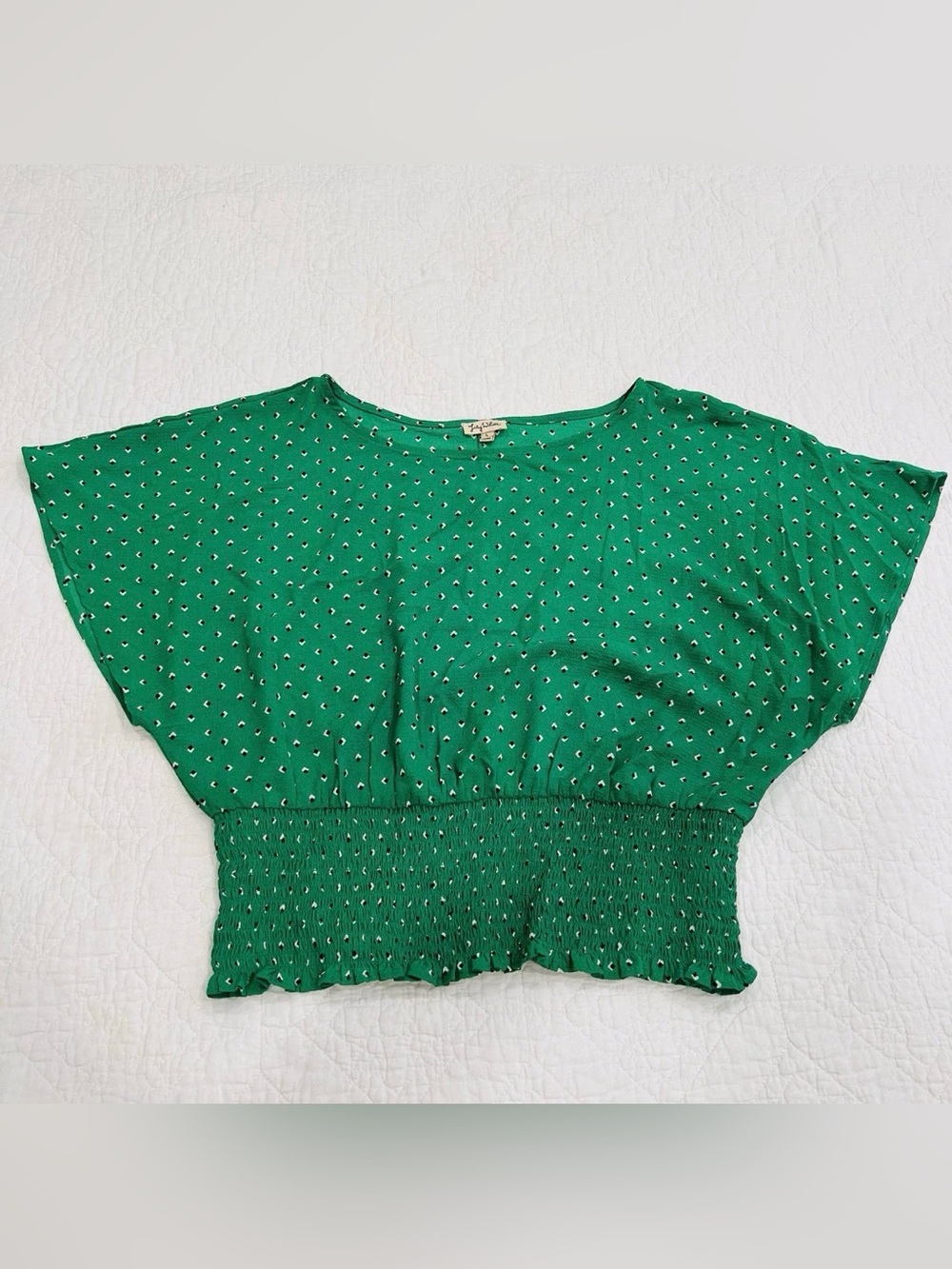 Lily White Crop Elastic Waist Green Geo Polka Dot Dolman Sleeve Size L